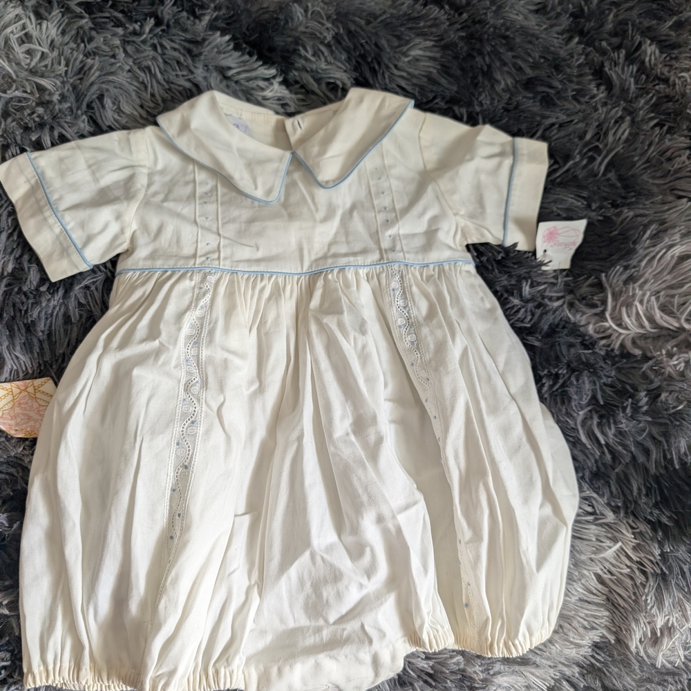 White Baby Bubble Dress with Light Blue Trim